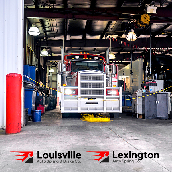 Semi truck inside repair shop